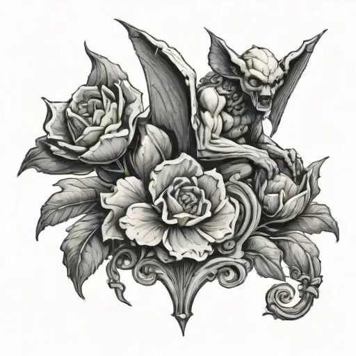 gargoyles stand on a stone, a flower grows from a cameo on a stone written by edelweiss tattoo design idea