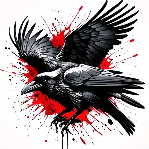 *"I want a tattoo of a furious raven in a dynamic, aggressive pose. Its wings should be spread wide as if emerging from tattoo design idea