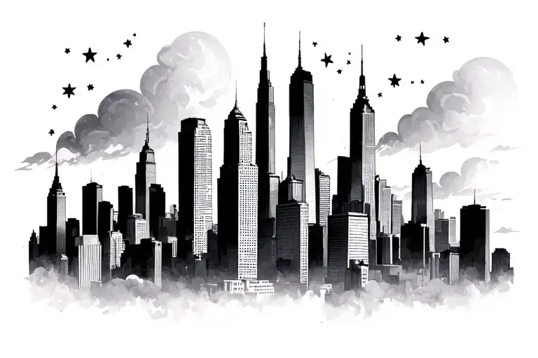 Chicago skyline with stars and clouds tattoo design idea