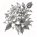 Violet and iris Lily and hawthorn Delphinium and water lily, Chrysanthemum bouquet tattoo design idea