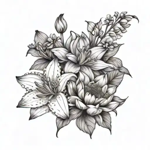 Violet and iris Lily and hawthorn Delphinium and water lily, Chrysanthemum bouquet tattoo design idea