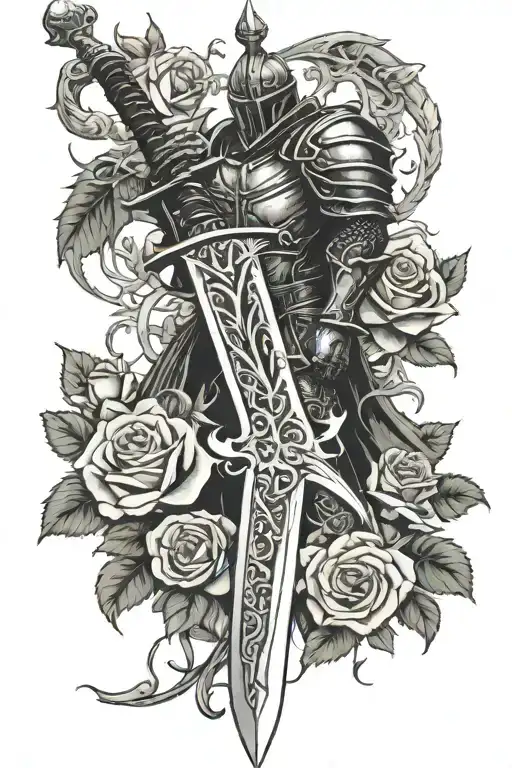 black Knight Witz one wing in Roses thorny vines Long sword  tattoo design idea