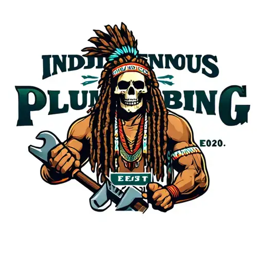 "INDIGENOUS PLUMBING EST.2020" skull dreadlock Native American warrior holding plunger and wrench tattoo design idea