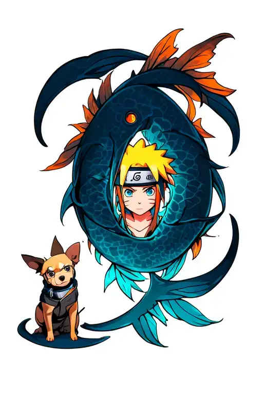 pisces symbol with naruto and boruto together and a small dog tattoo design idea