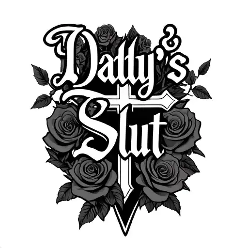 the text "Daddy's Slut" in a gothic font, surrounded by roses and a large cross tattoo design idea