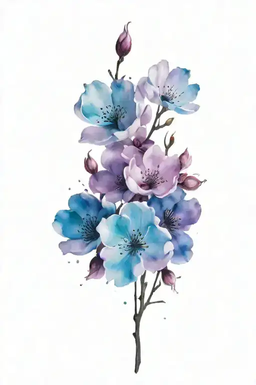 Cherry blossom petals falling, deep blue petals dark blue petals, purple petals, light blue petals, black branch tattoo design idea