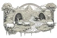 paths, streams, meadows, jesus, mountains, birds, clouds, trees, broken chains, gates of heaven, sheep, lamb tattoo design idea