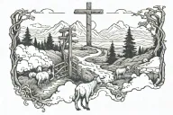 paths, streams, meadows, jesus, mountains, birds, clouds, trees, broken chains, gates of heaven, sheep, lamb tattoo design idea