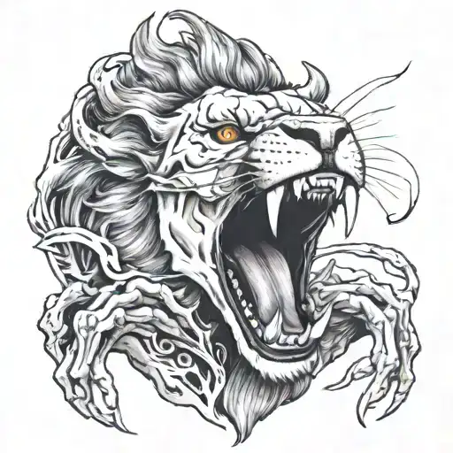 Burning Lion Skellet screaming skull tattoo design idea