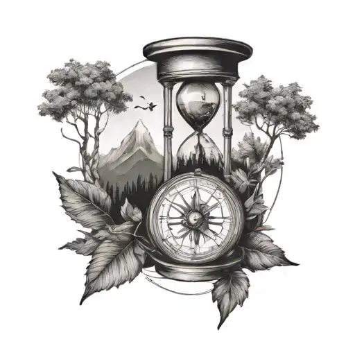 A small compass, and a very small geometric hourglass that’s connected and surrounded by nature, forests, mountains.  tattoo design idea