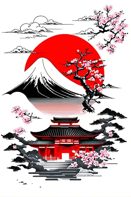 Japanese sleeve tattoo with red Sun, cloud /wind, Pagoda, Mt Fuji , Sakura tree and Blossom, geisha (optional) ,Oni Mask tattoo design idea