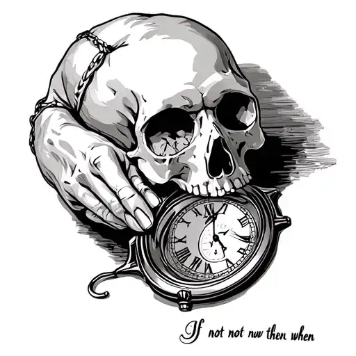 "If not now then when" a hand watch laying next to skull on the tabletop tattoo design idea