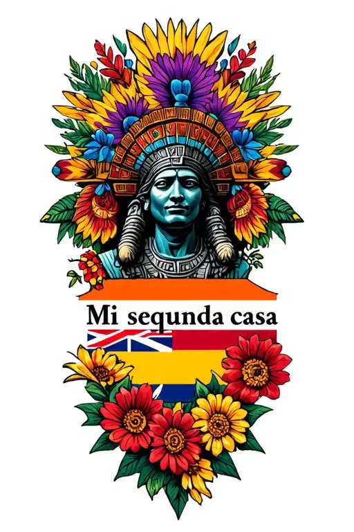 "Mi segunda casa" aztec statue, colourful flowers, colombia flag and union jack flag as backdrop tattoo design idea