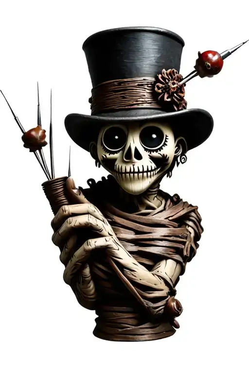 voodoo doll with cylinder hat and needles on his own hand tattoo design idea