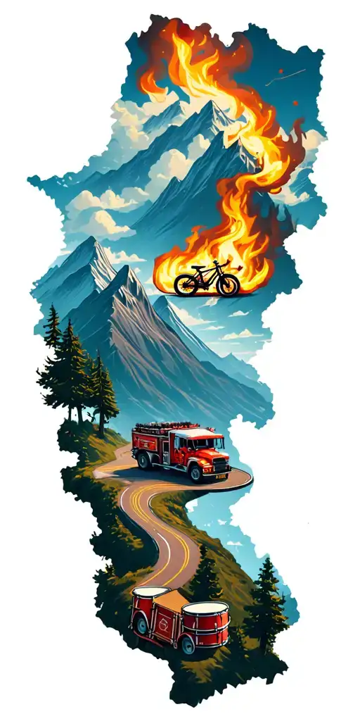 map with landmarks with road, mountains, trex fire truck, mountain bike drum set, cassette tape, book on fire, tattoo design idea