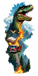 map with landmarks with road, mountains, trex fire truck, mountain bike drum set, cassette tape, book on fire, tattoo design idea