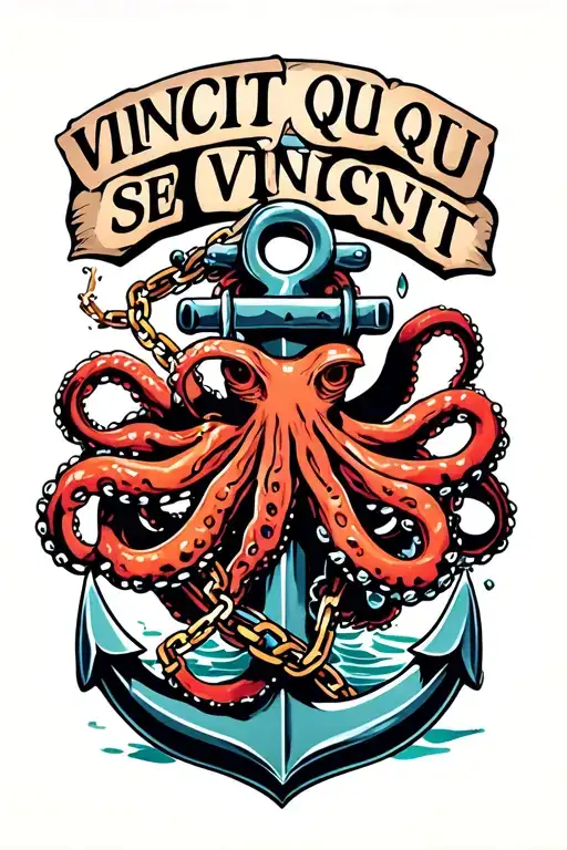 "Vincit Qui Se Vincit" "Vincit Qui Se Vincit" octopus wrapped around anchor with broken chain in water tattoo design idea