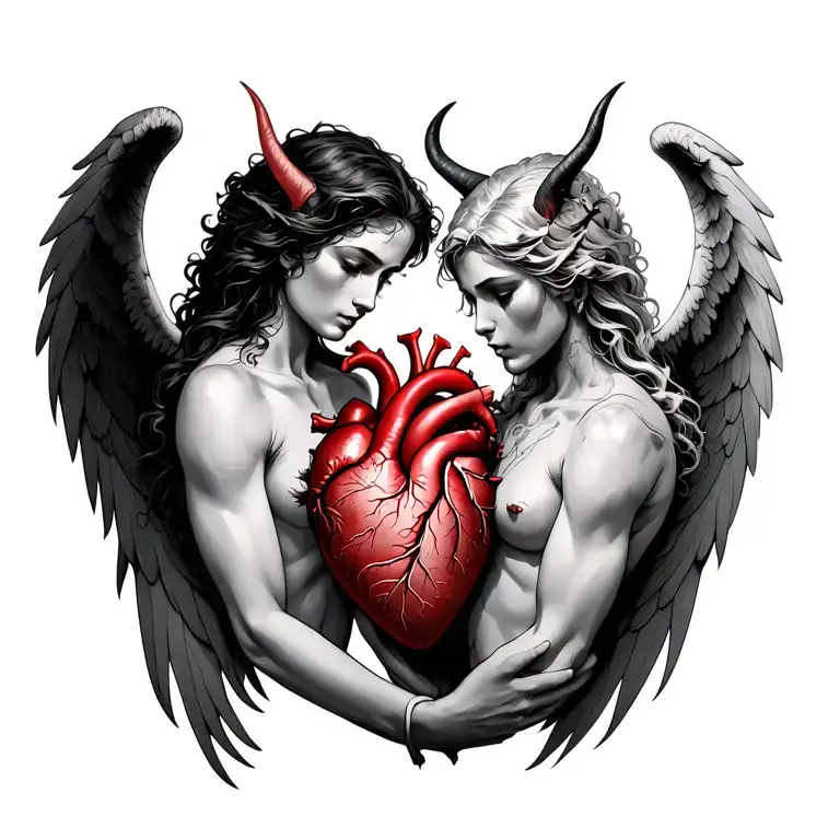angel and demon holding anatomic heart tattoo tattoo design idea