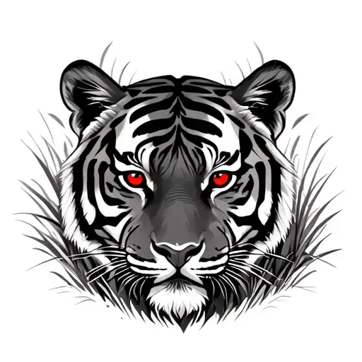 tiger in tall grass with red eyes  tattoo design idea