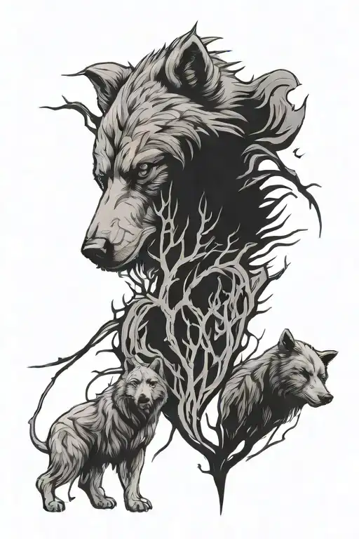 camo heart shape with bear cun and wolf cub inside heart tattoo design idea