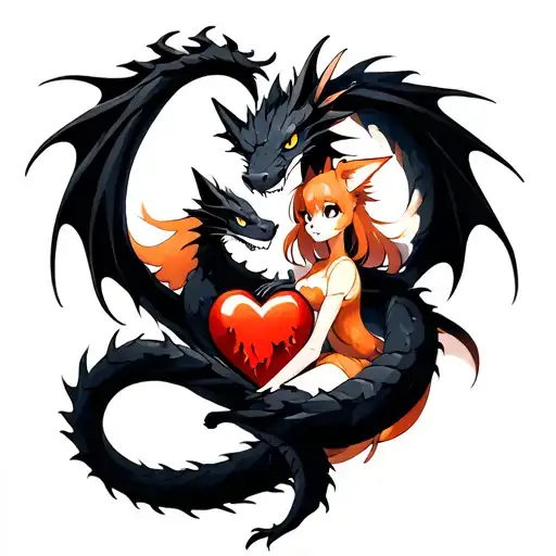 tattoo of a black dragon wrapped around a shattered heart held by an anime fox girl tattoo design idea