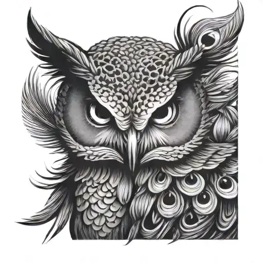 owl head with peacock feather transforming tattoo design idea