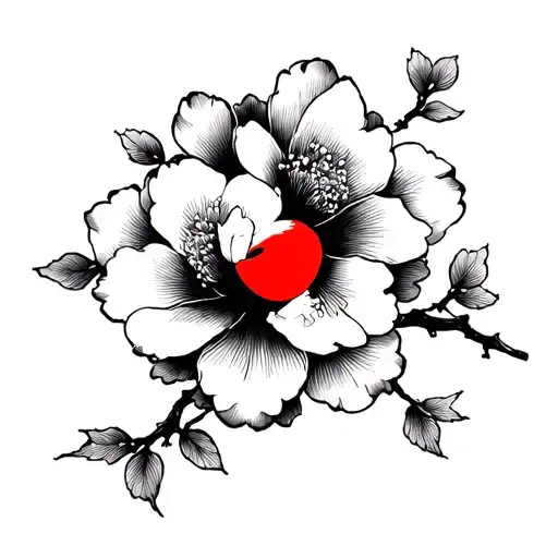 “A black and white cherry blossom in traditional Japanese style with a small red tengu hidden in the center. The blossom tattoo design idea