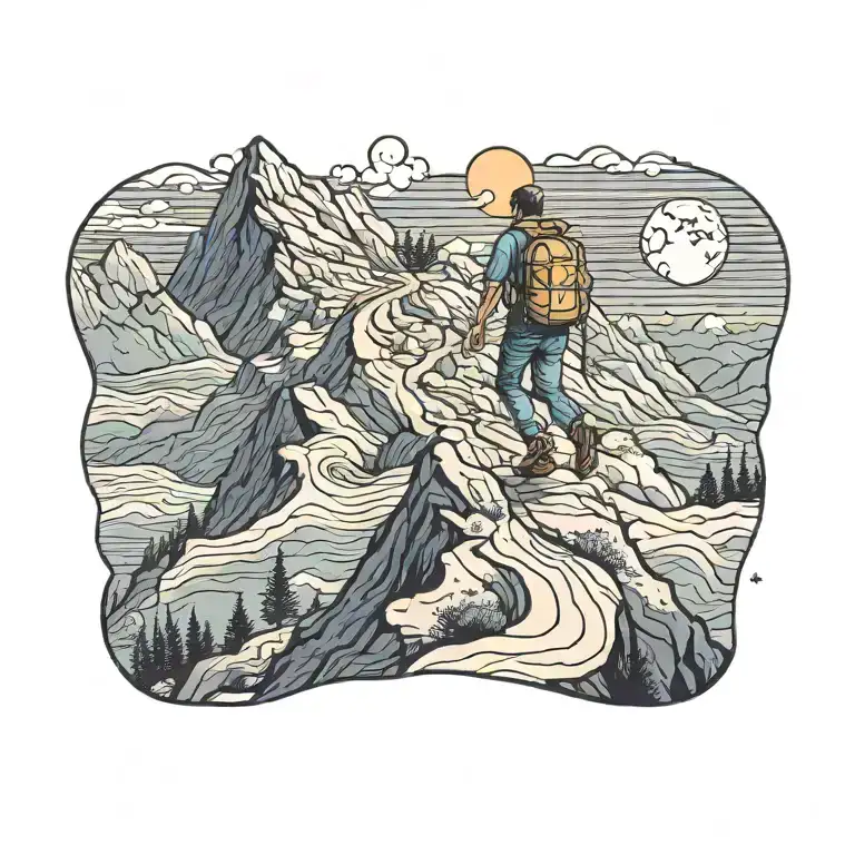 man hiking a winding road up a mountain I. the moonlight, zen, contemplative tattoo design idea