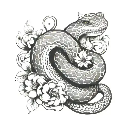 anaconda flowers intertwined tattoo design idea