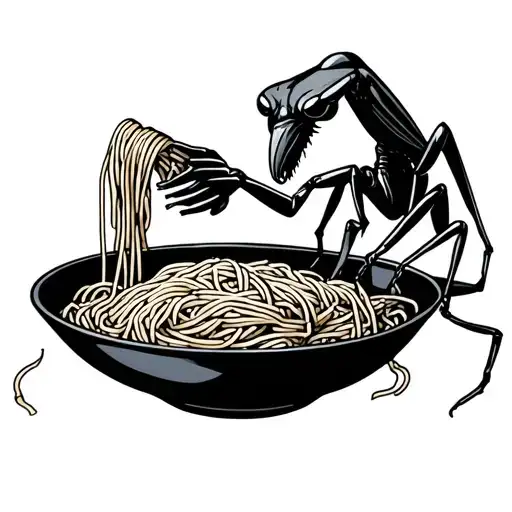 mantis eating spaghetti tattoo design idea