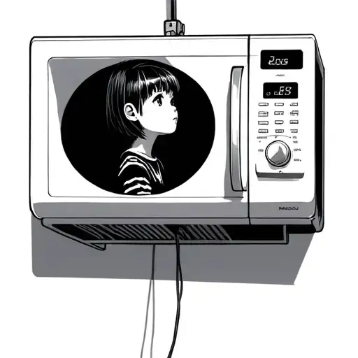 a white microwave hanging sideways from the ceiling by its wire and a girl with short hair looking at it tattoo design idea