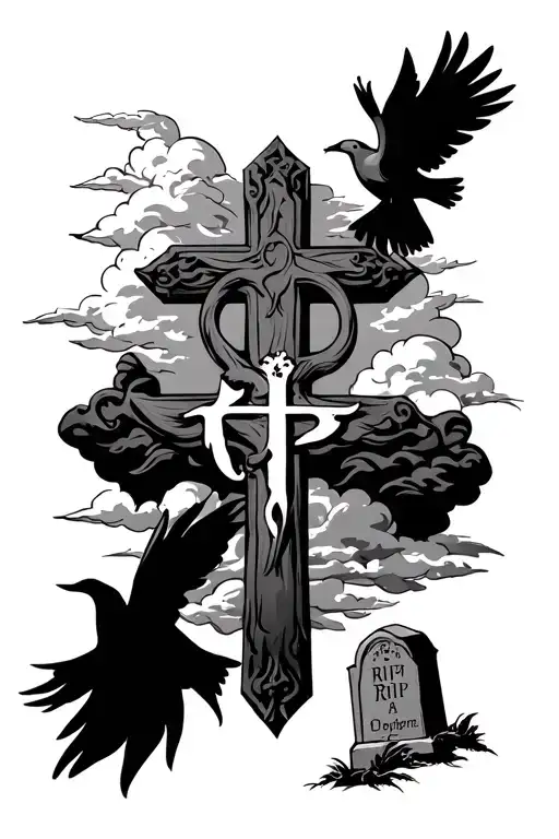 cross in center and big RIP above the cross. with clouds and doves and tombstone in background of cross tattoo design idea