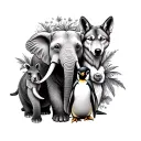 A tattoo that includes an elephant, a bear, a wolf, a kangaroo, and a penguin for a woman tattoo design idea