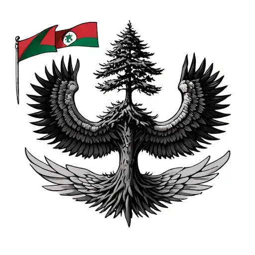 lebanese cedar flag tree in the middle and wings on the side tattoo design idea