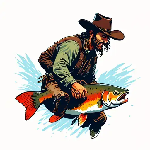 cowboy riding a cutthroat trout jumping tattoo design idea