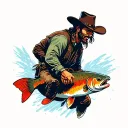 cowboy riding a cutthroat trout jumping tattoo design idea