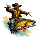 cowboy riding a cutthroat trout jumping tattoo design idea
