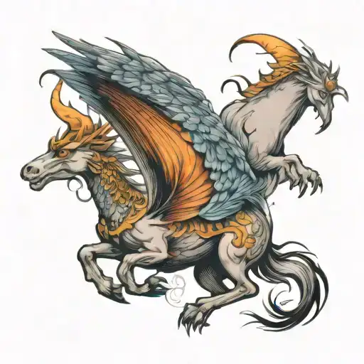 Pegasus soaring over 3 dragons coming tattoo design idea