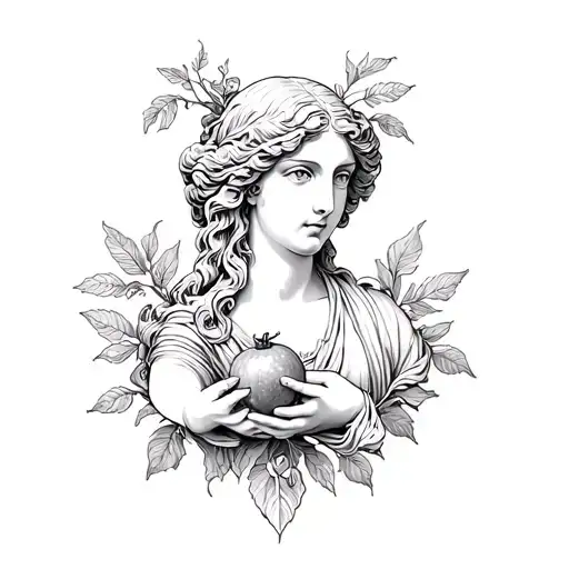 baroque style bust of Persephone holding a pomegranate, surrounded by nature tattoo design idea