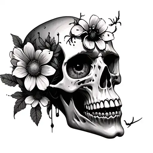 decaying skull with spider in eye socket and flowers tattoo design idea