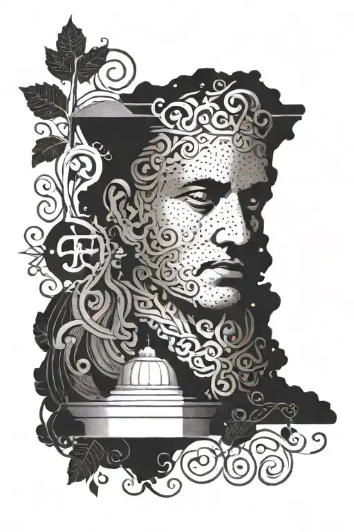 Create a dotwork design featuring famous quotes from classic films intertwined with elements of Greek architecture tattoo design idea