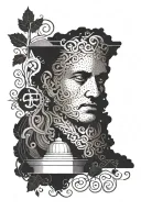 Create a dotwork design featuring famous quotes from classic films intertwined with elements of Greek architecture tattoo design idea