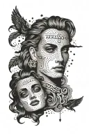 Create a dotwork design featuring famous quotes from classic films intertwined with elements of Greek architecture tattoo design idea