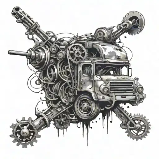 mad max style, mechanic, industrial, abstract, pattern, chaos, machine, tattoo design idea