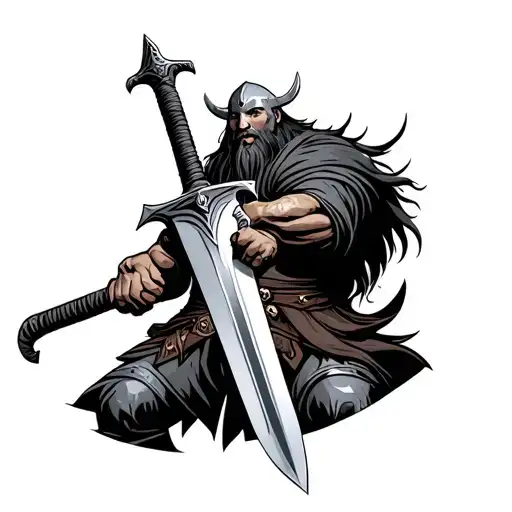 Viking sword warrior holding tattoo design idea