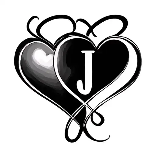 two hearts together that are joined together. the outer line of one heart has a cursive J incorporated in the outer line tattoo design idea