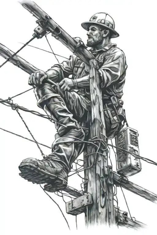 lineman working on power lines in a thunderstorm tattoo design idea