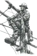 lineman working on power lines in a thunderstorm tattoo design idea