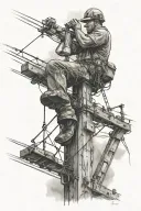 lineman working on power lines in a thunderstorm tattoo design idea