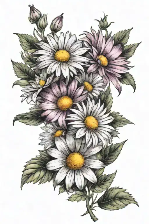 daisy, aster, and cosmos flowers tattoo design idea